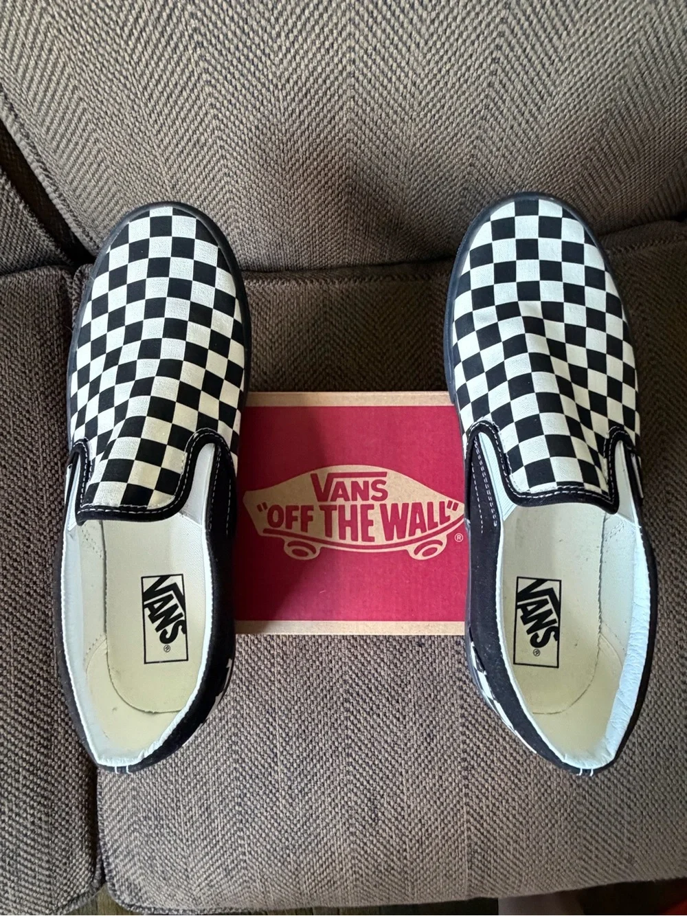 Vans Classic Checkerboard Slip-On Shoe, Black Soles, Men’s 10.5